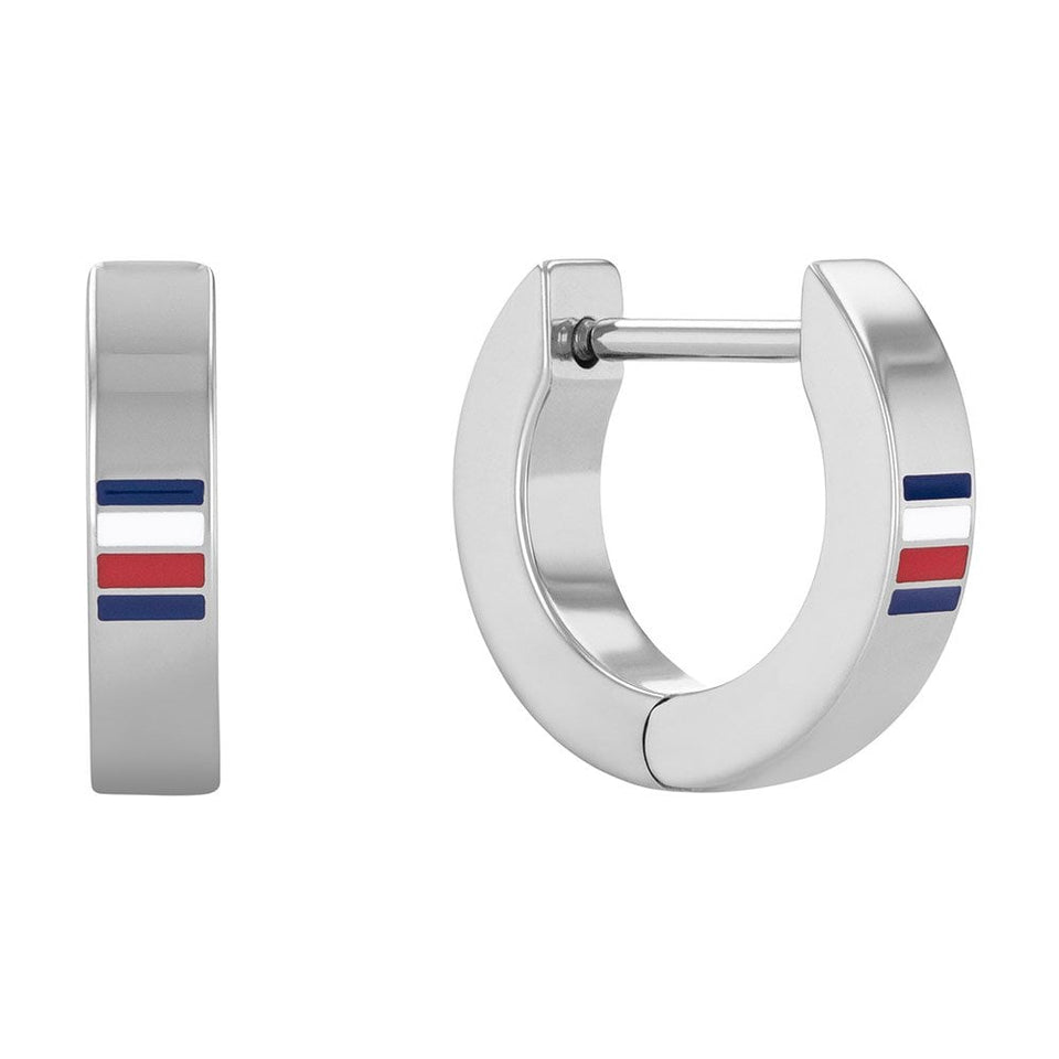 Tommy Hilfiger Men's Stainless Steel Logo Stripe Hoop Earrings