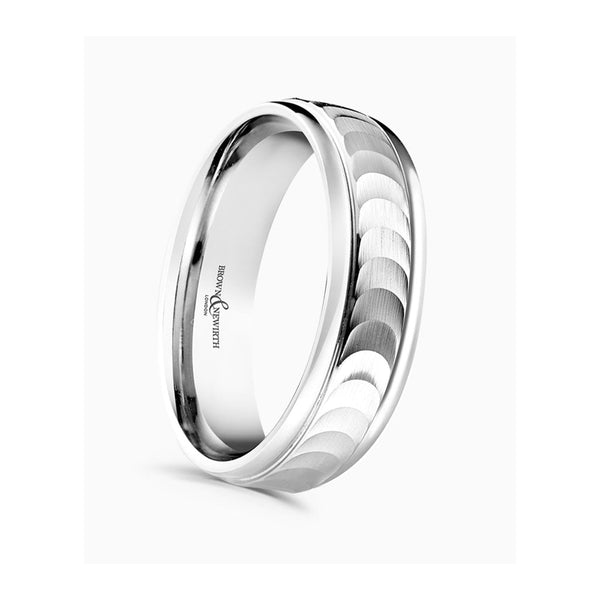 Brown & Newirth Flat Top Half Moon Patterned 6mm Wedding Ring