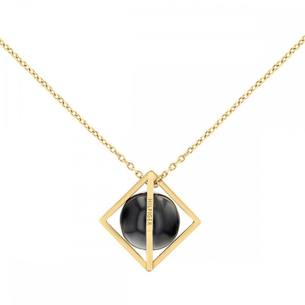 Tommy Hilfiger Ladies Framed Stoned Family Gold Plated Onyx Orb Necklace
