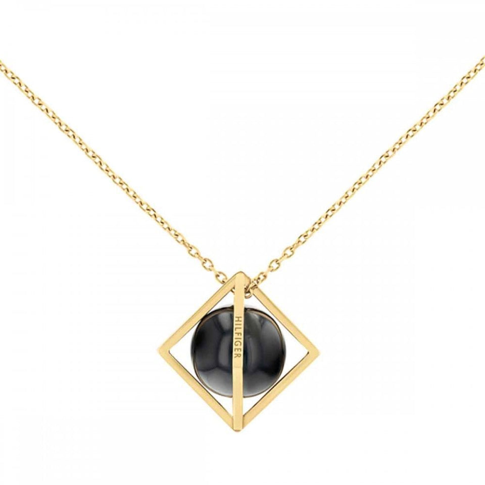 Tommy Hilfiger Ladies Framed Stoned Family Gold Plated Onyx Orb Necklace