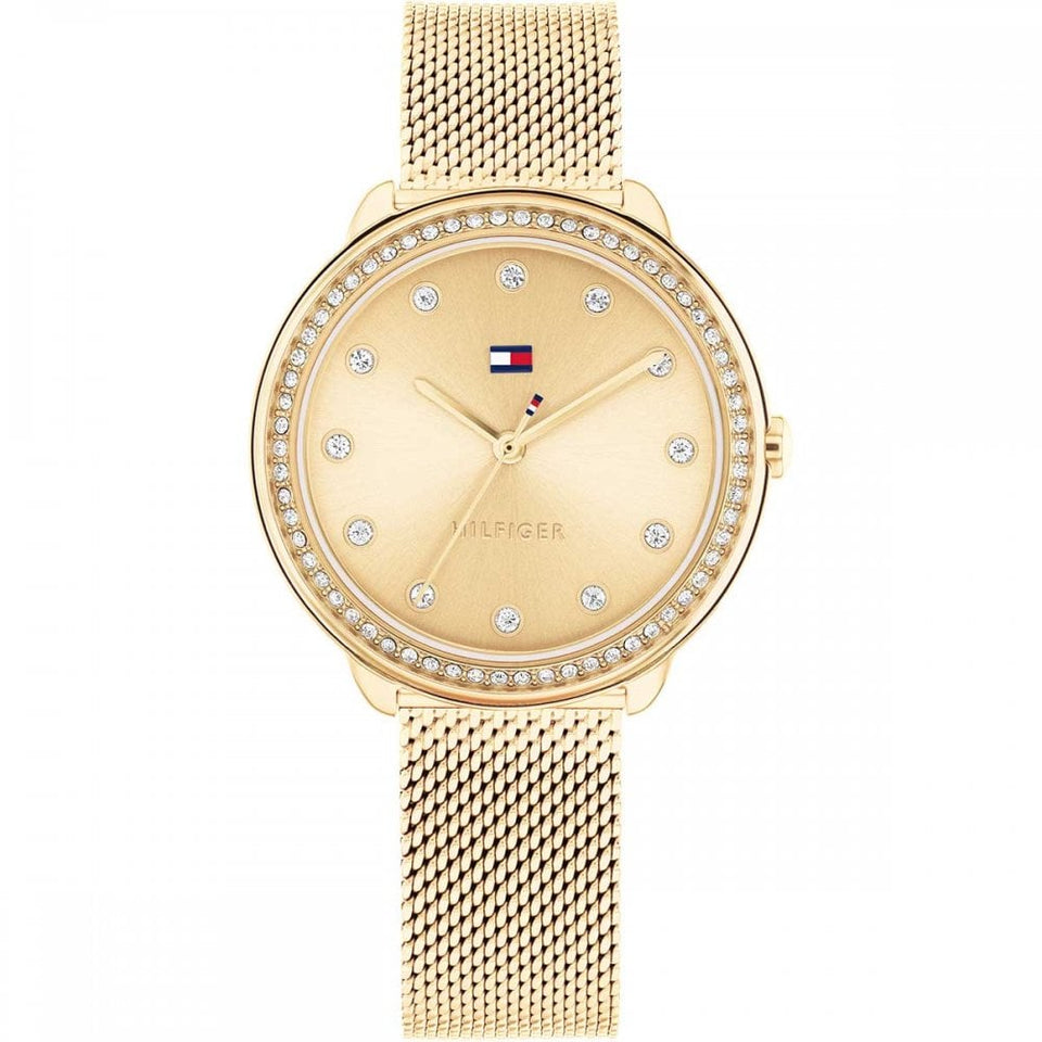 Tommy Hilfiger Ladies Demi 32mm Stone Set Gold Dial Mesh Bracelet Watch