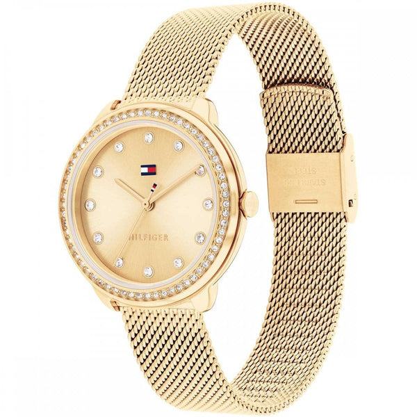 Tommy Hilfiger Ladies Demi 32mm Stone Set Gold Dial Mesh Bracelet Watch