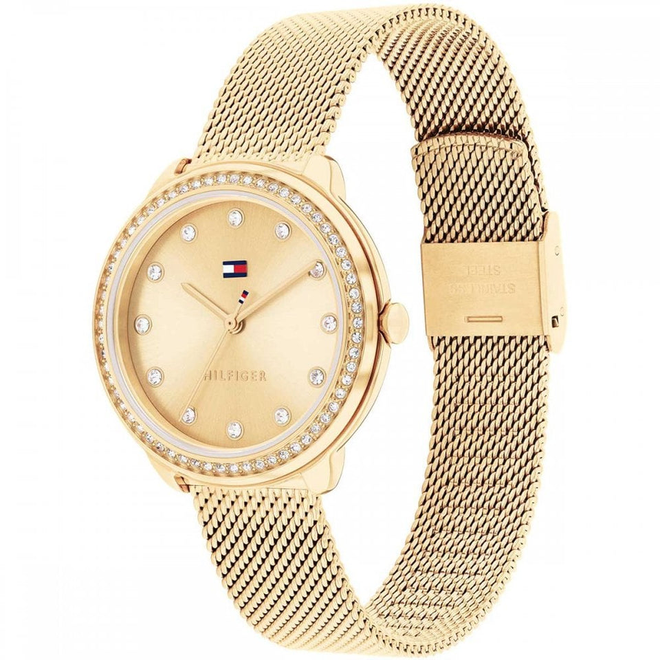 Tommy Hilfiger Ladies Demi 32mm Stone Set Gold Dial Mesh Bracelet Watch
