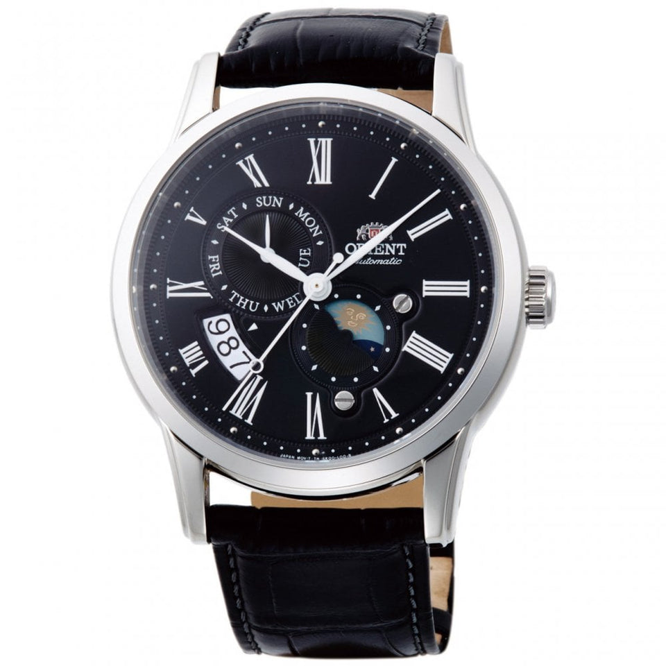 Orient Men's Sun & Moon Mechanical 42.5mm Black Dial Black Leather Watch