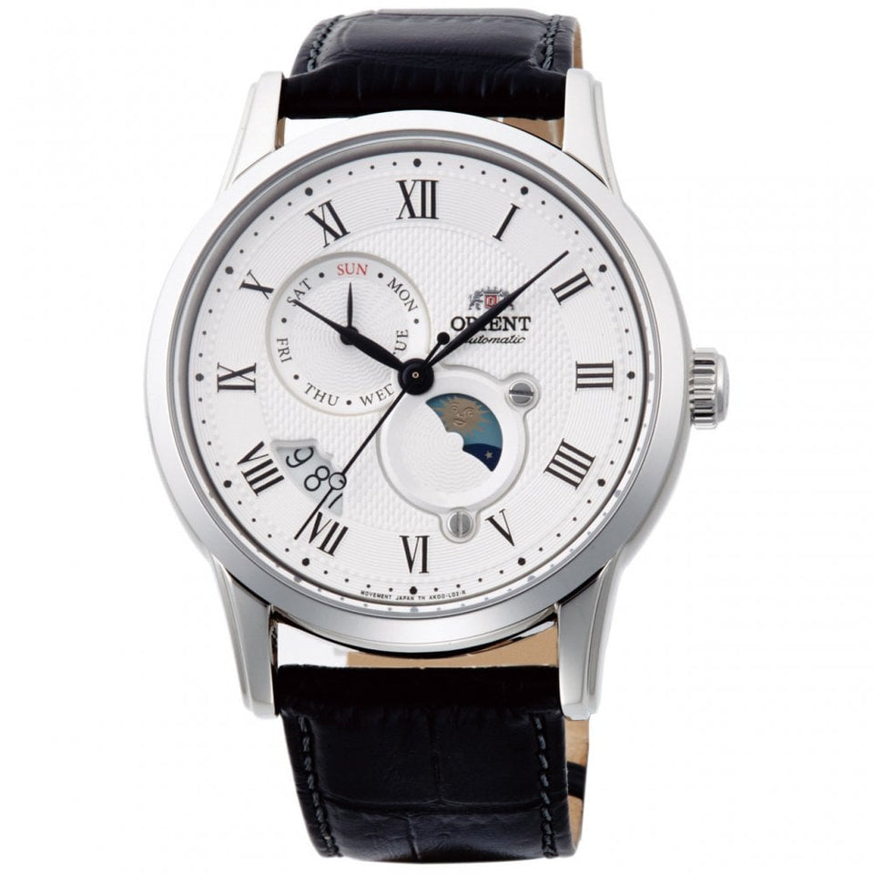 Orient Men's Sun & Moon Mechanical 42.5mm White Dial Black Leather Watch