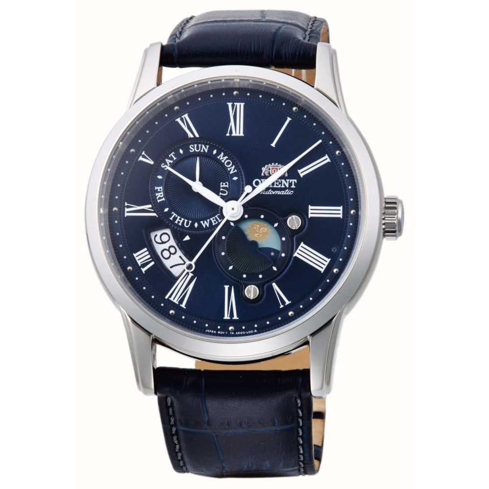 Orient Men's Sun & Moon Mechanical 42.5mm Blue Dial Black Leather Watch