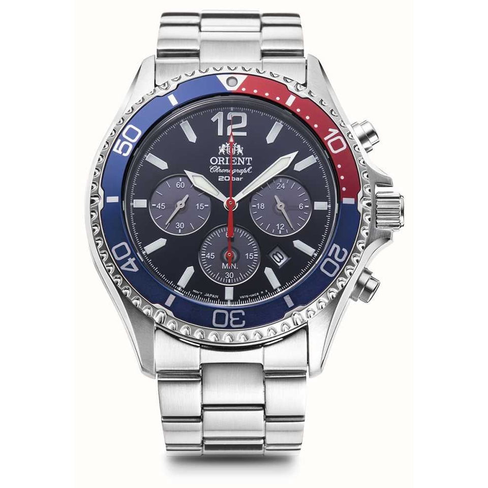 Orient Men's Mako Solar Chronograph 43mm Blue Dial Stainless Steel Watch