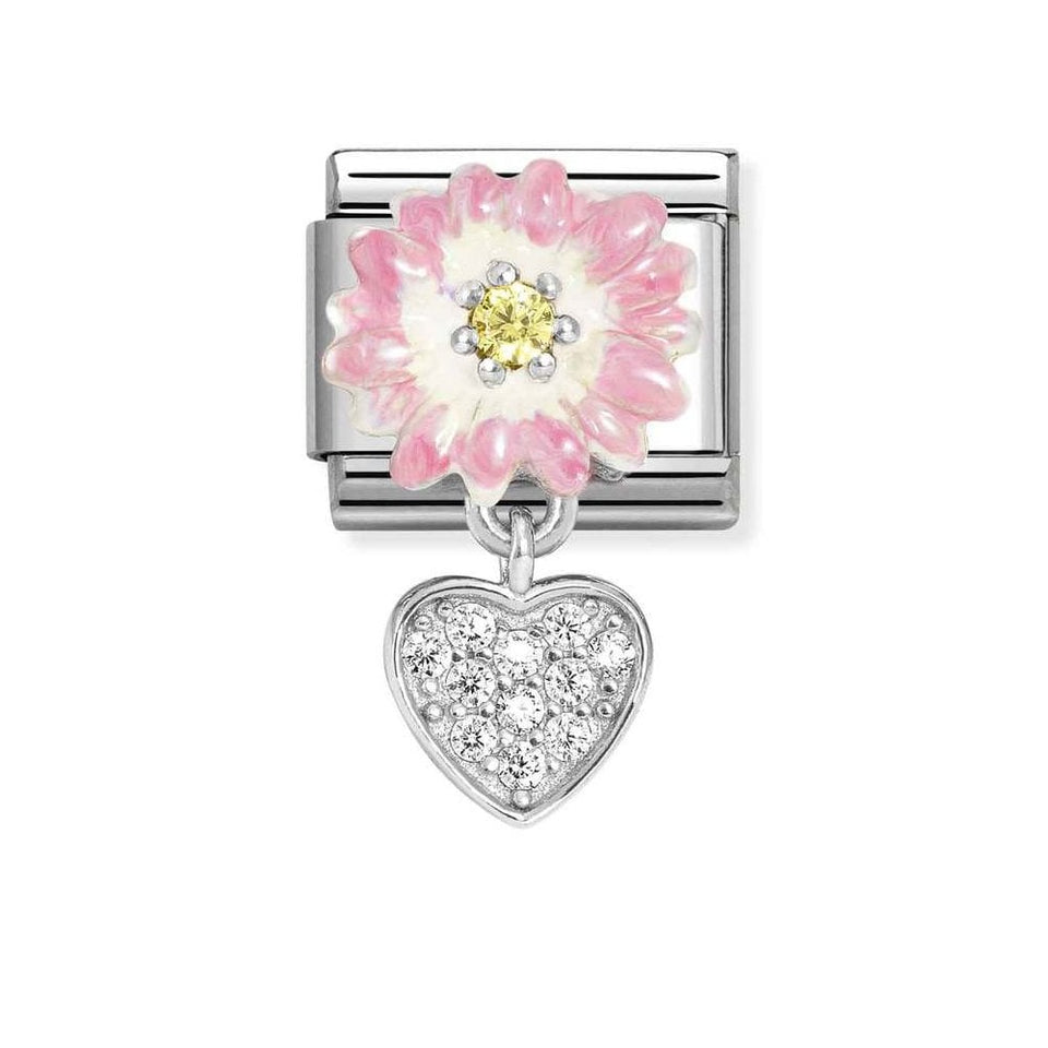 Nomination CLASSIC Silvershine Pink & White Flower with Dangly Heart Charm