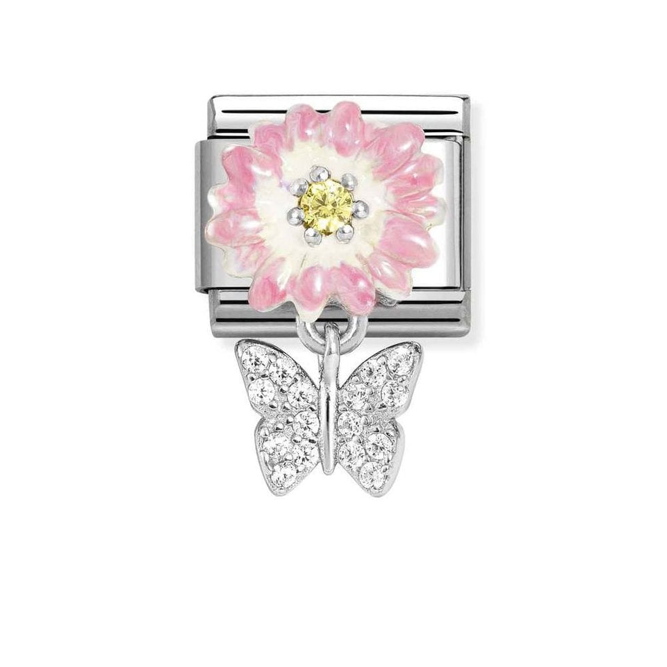 Nomination CLASSIC Silvershine Pink & White Flower with Dangly Butterfly Charm