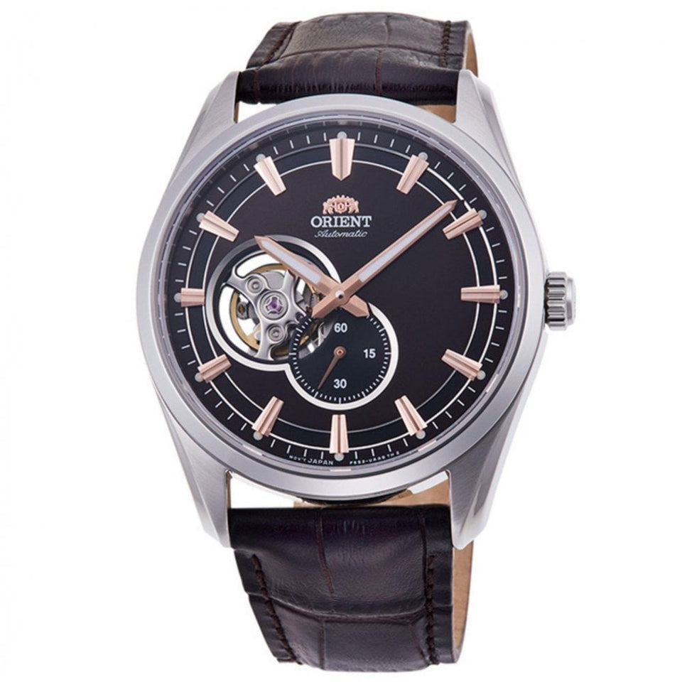 Orient Men's Semi-Skeleton Open Heart Mechanical 41mm Black Dial Black Leather Watch