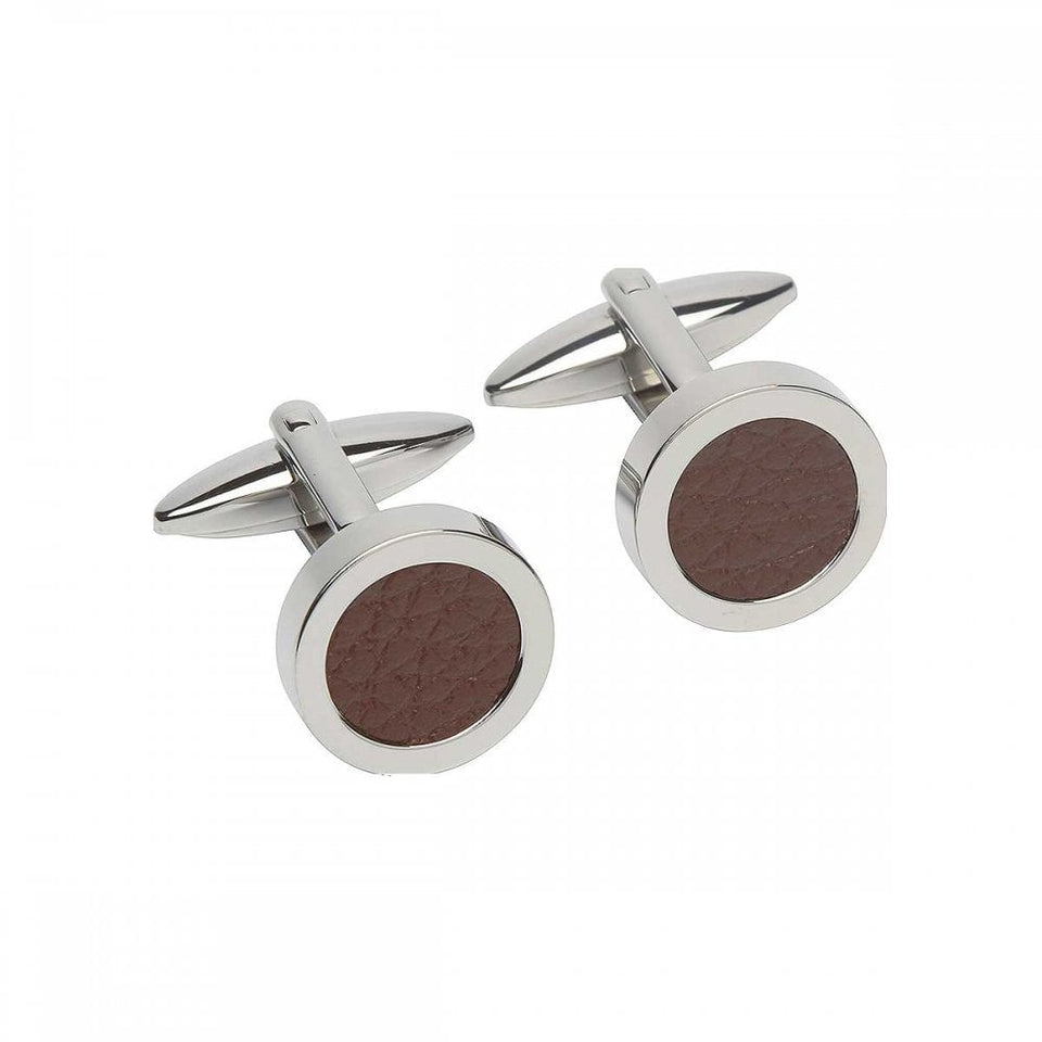 Unique & Co Men's Stainless Steel Circle Brown Leather Inlay Cufflinks