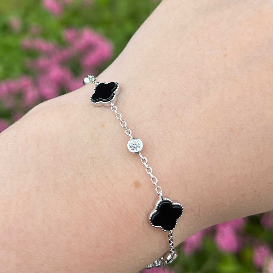 Francis & Gaye Sterling Silver Black Onyx Flower and Stone Set Bracelet