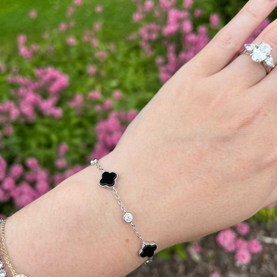 Francis & Gaye Sterling Silver Black Onyx Flower and Stone Set Bracelet