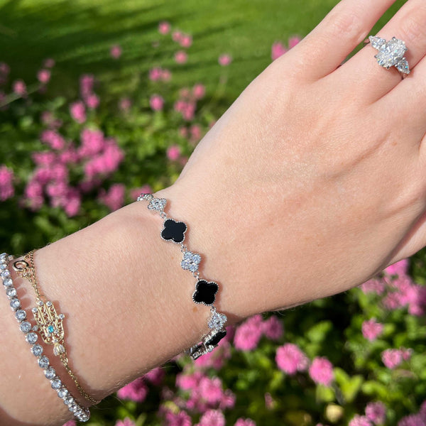 Francis & Gaye Sterling Silver Black Onyx & Stone Set Flowers Bracelet