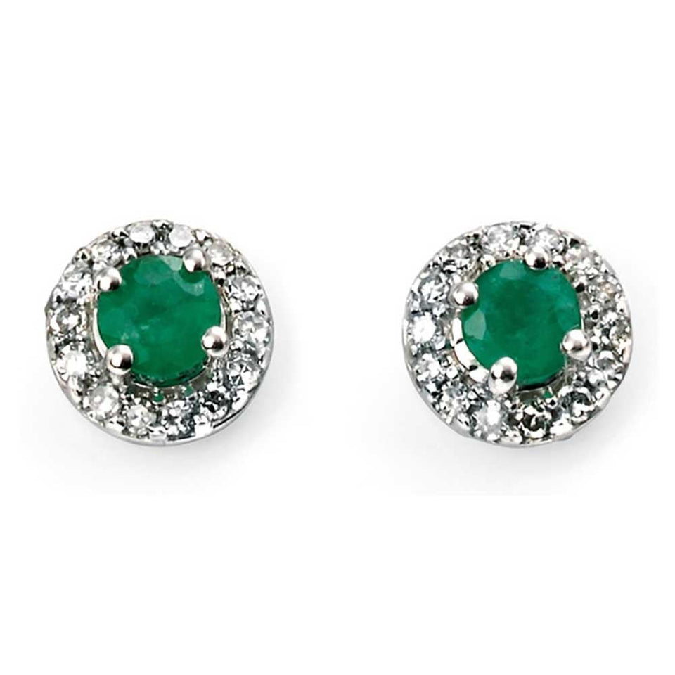 Elements Gold 9ct White Gold Diamond Emerald Earring Studs