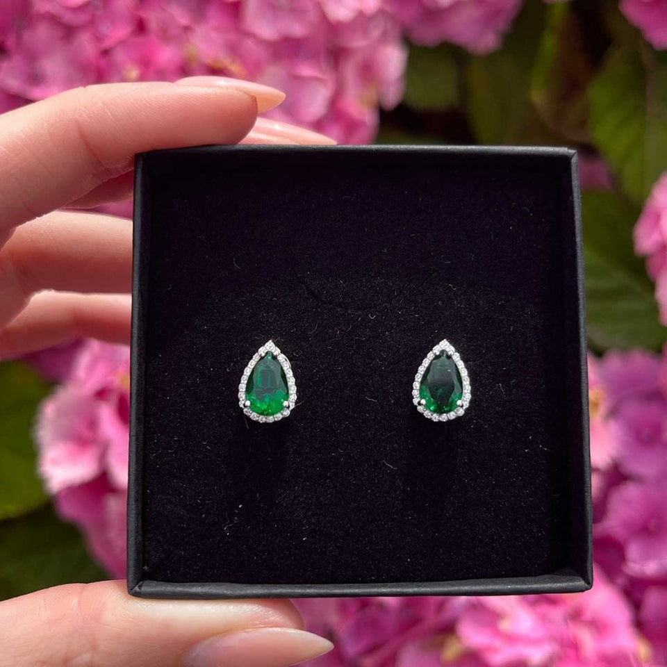 Francis & Gaye Silver and Green Stone Pear Halo Studs