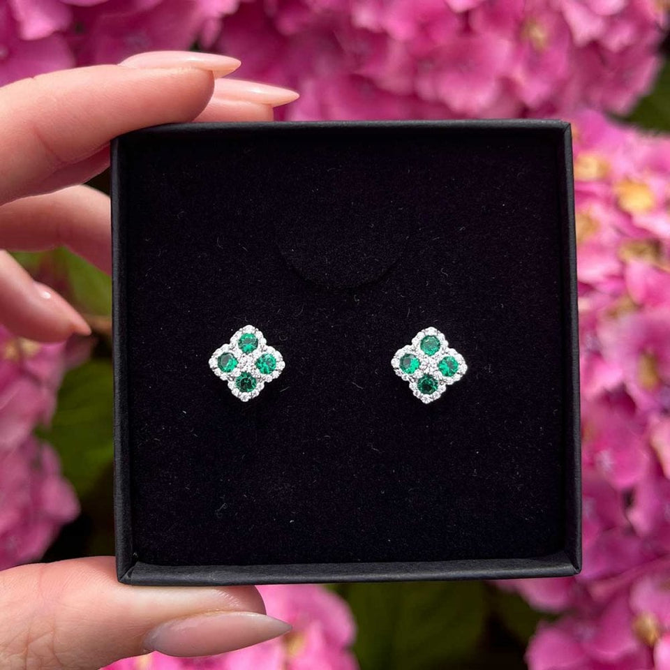 Francis & Gaye Silver & Green Stone Flower Earring Studs