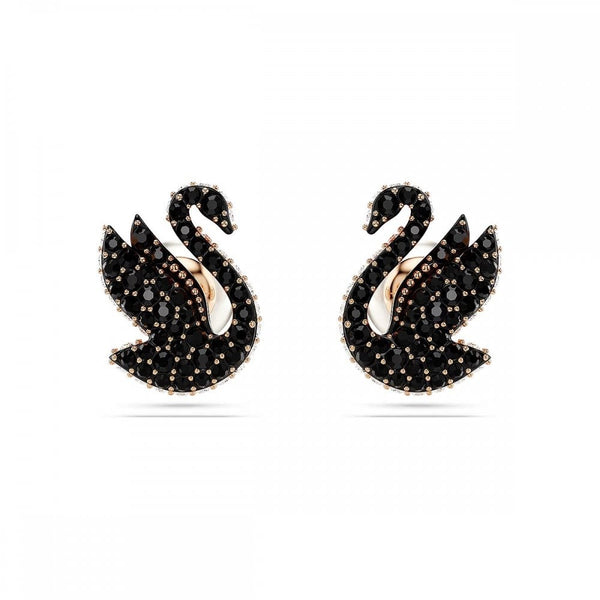 Swarovski Swan Black Stone Set Rose Gold Stud Earrings