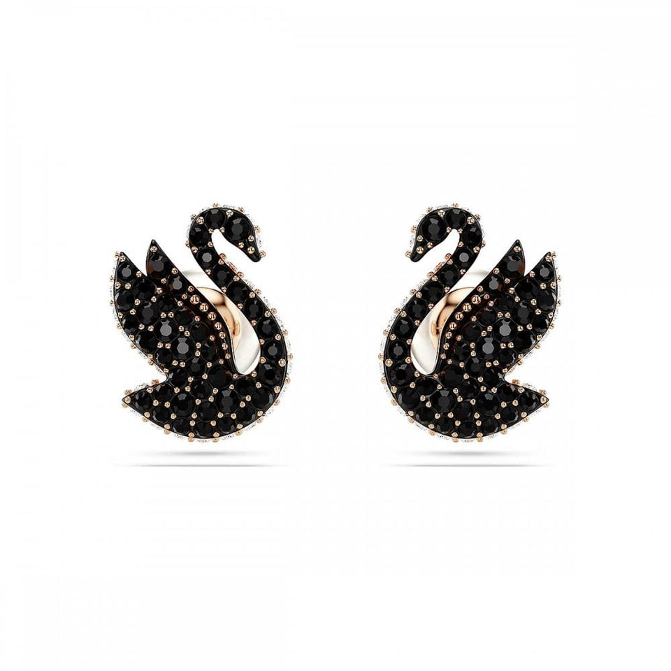 Swarovski Swan Black Stone Set Rose Gold Stud Earrings