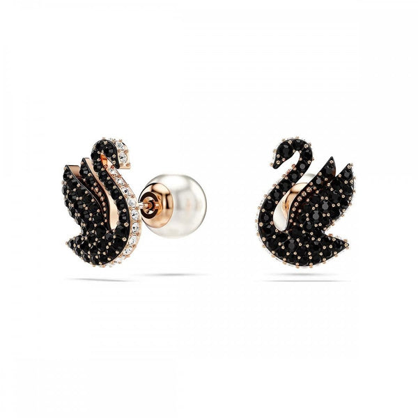 Swarovski Swan Black Stone Set Rose Gold Stud Earrings