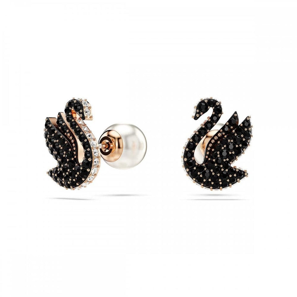 Swarovski Swan Black Stone Set Rose Gold Stud Earrings