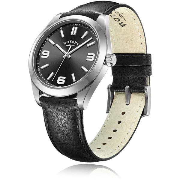 Rotary Men's Sport 40mm Black Dial Leather Strap Watch
