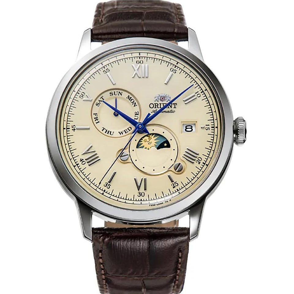 Orient Bambino Ivory Sun & Moon Brown Leather Strap Watch