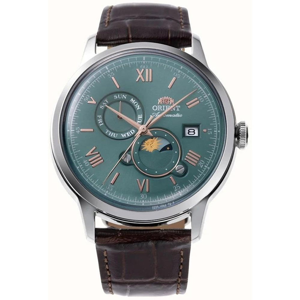 Orient Bambino Sun and Moon Green Dial Steel Brown Leather Strap Watch