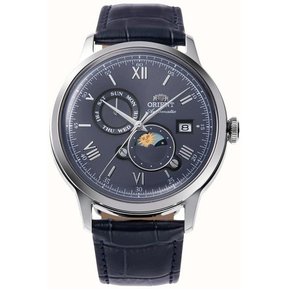 Orient Bambino Sun and Moon Blue Dial Steel Leather Strap Watch