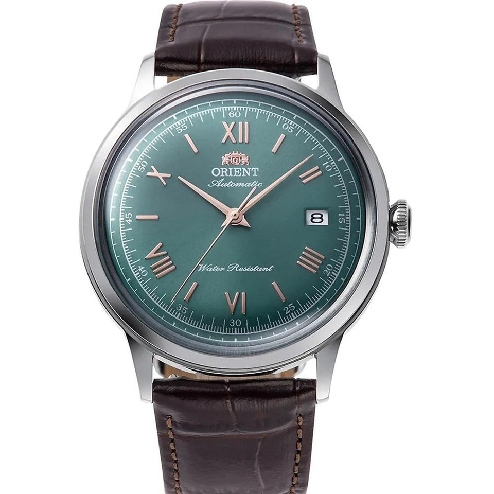 Orient Bambino 40.5mm Green Dial Steel Brown Leather Strap Watch