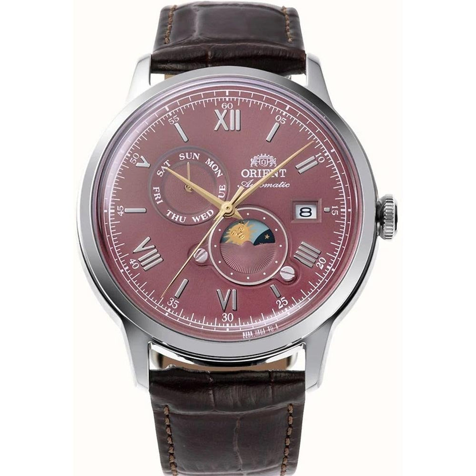 Orient Bambino Sun and Moon Red Dial Steel Brown Leather Strap Watch