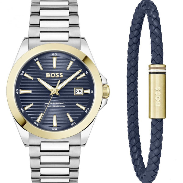 BOSS Men's STRIKE 41mm Blue Dial Bracelet Gift Set