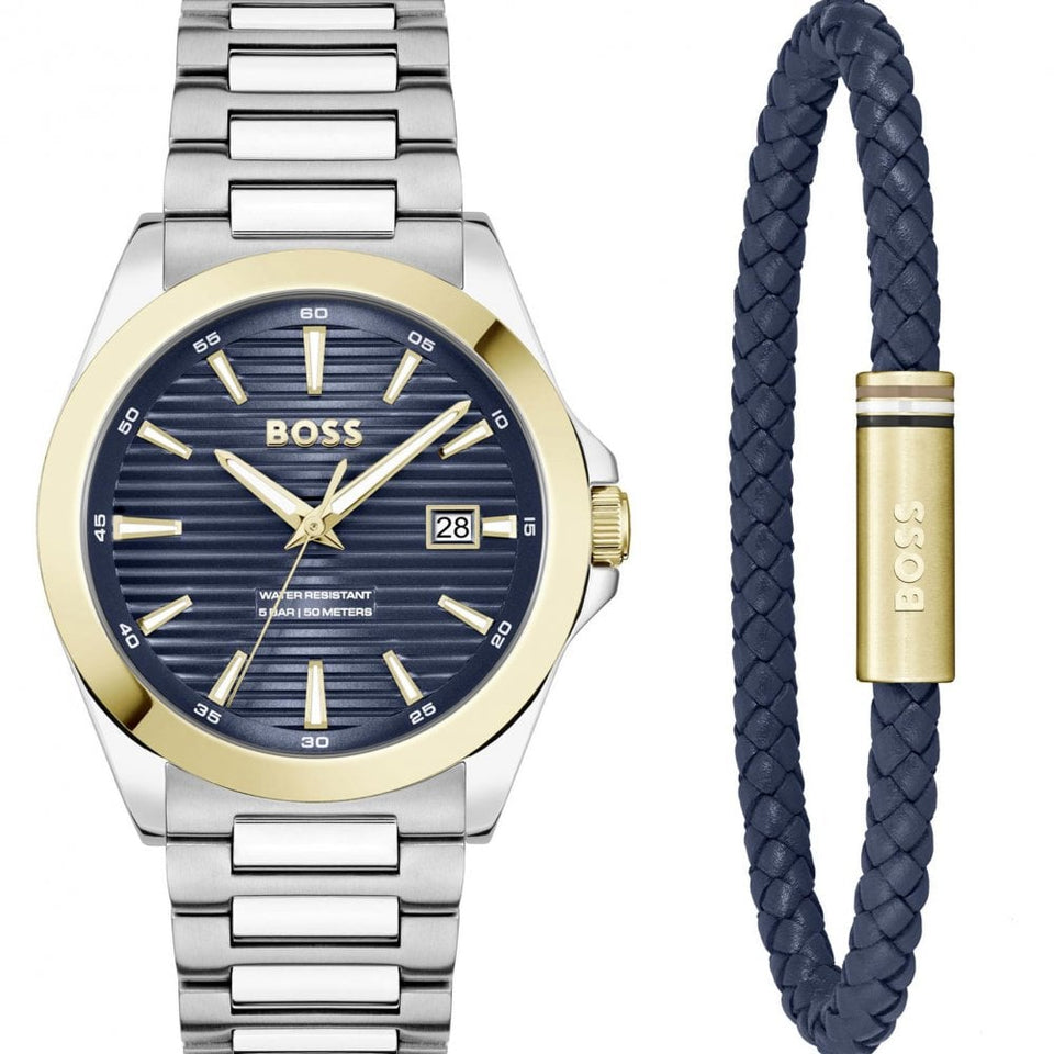 BOSS Men's STRIKE 41mm Blue Dial Bracelet Gift Set