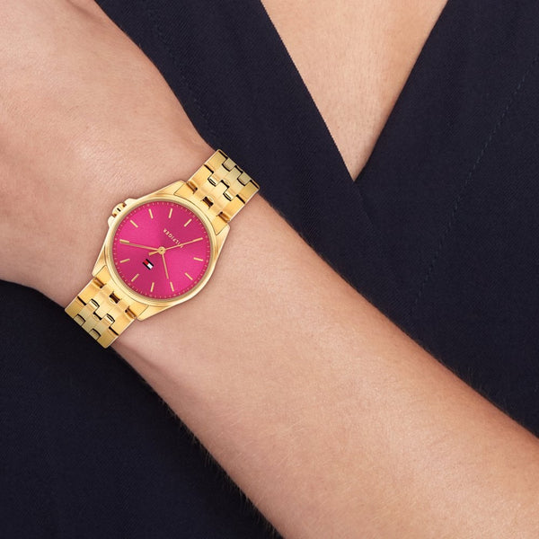 Tommy Hilfiger Ladies Jade Pink Dial Gold Toned Bracelet Watch