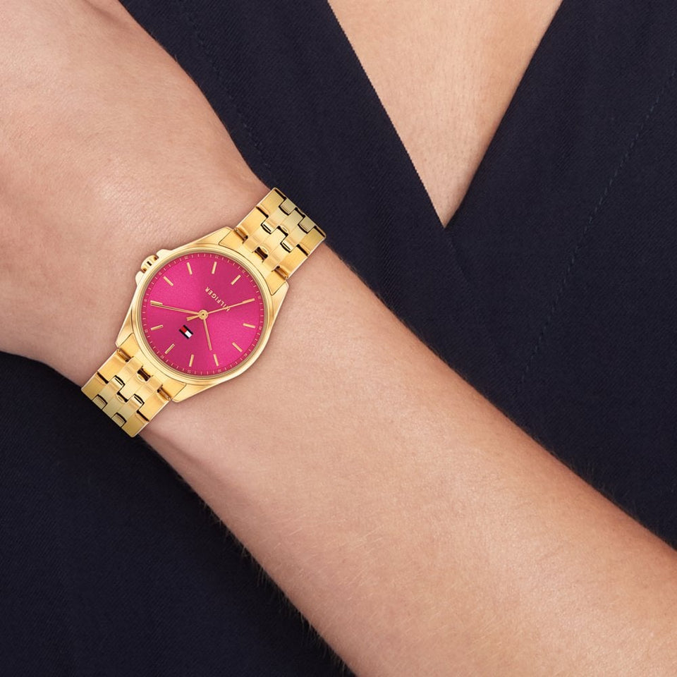 Tommy Hilfiger Ladies Jade Pink Dial Gold Toned Bracelet Watch