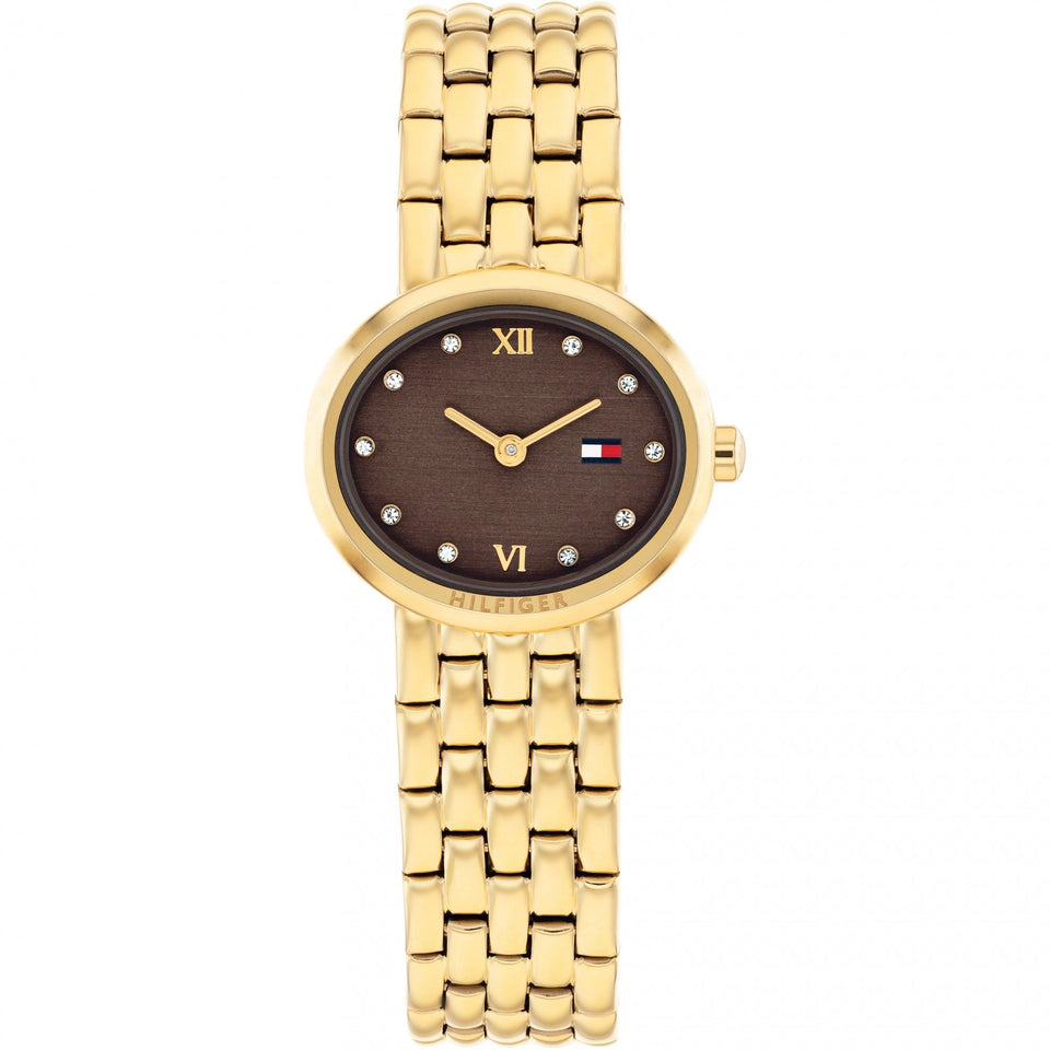 Tommy Hilfiger Ladies Moira Brown Dial Gold Toned Bracelet Watch