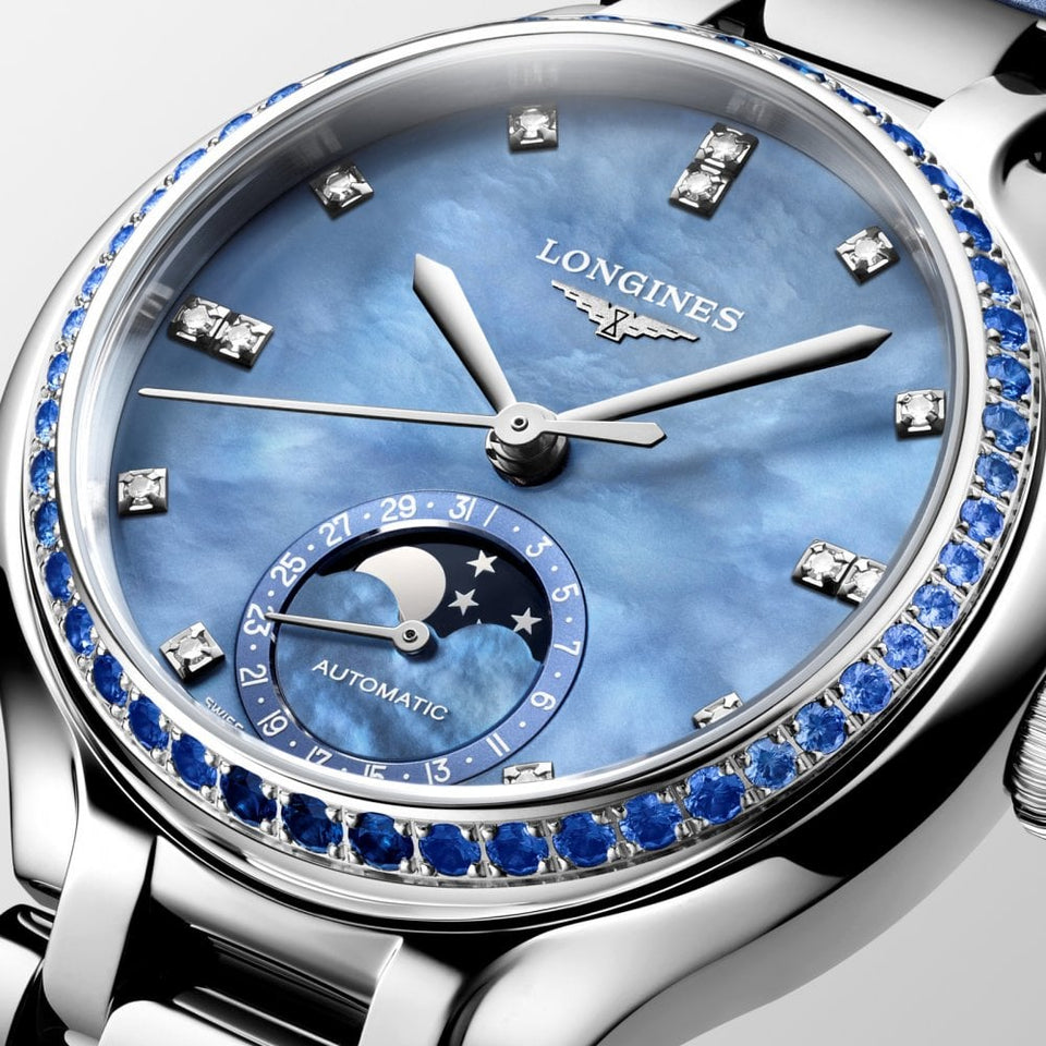 Longines Ladies PRIMALUNA Moonphase Automatic Sapphire Set Watch