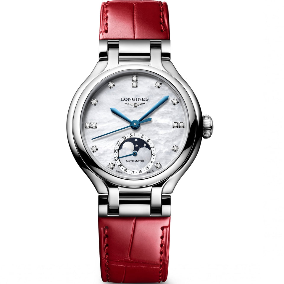 Longines Ladies PRIMALUNA Moonphase Automatic Diamond Set Red Strap Watch