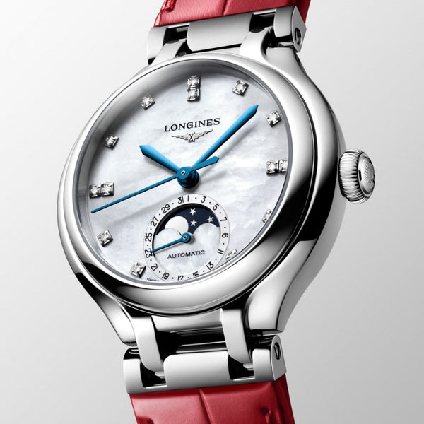 Longines Ladies PRIMALUNA Moonphase Automatic Diamond Set Red Strap Watch