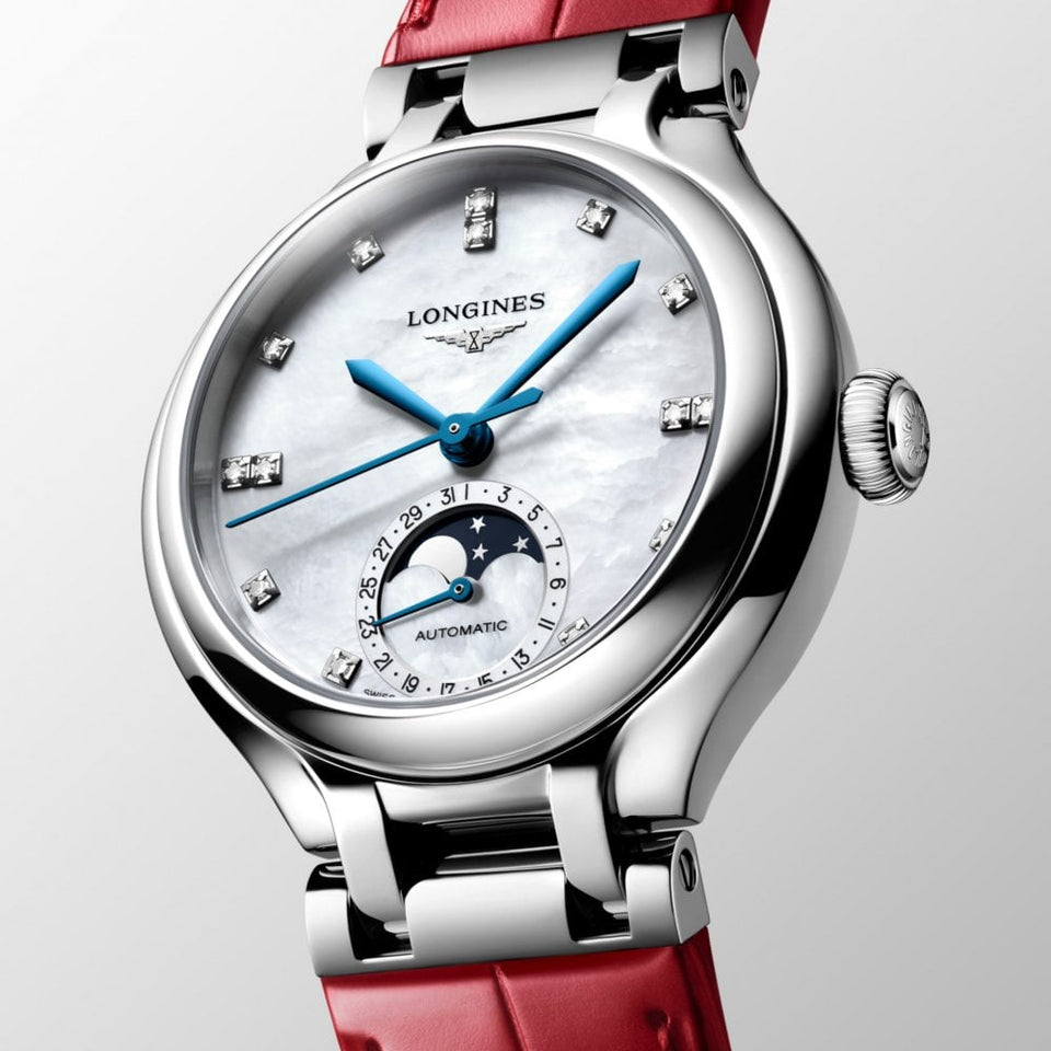 Longines Ladies PRIMALUNA Moonphase Automatic Diamond Set Red Strap Watch