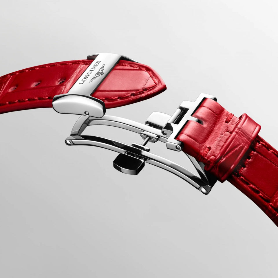 Longines Ladies PRIMALUNA Moonphase Automatic Diamond Set Red Strap Watch