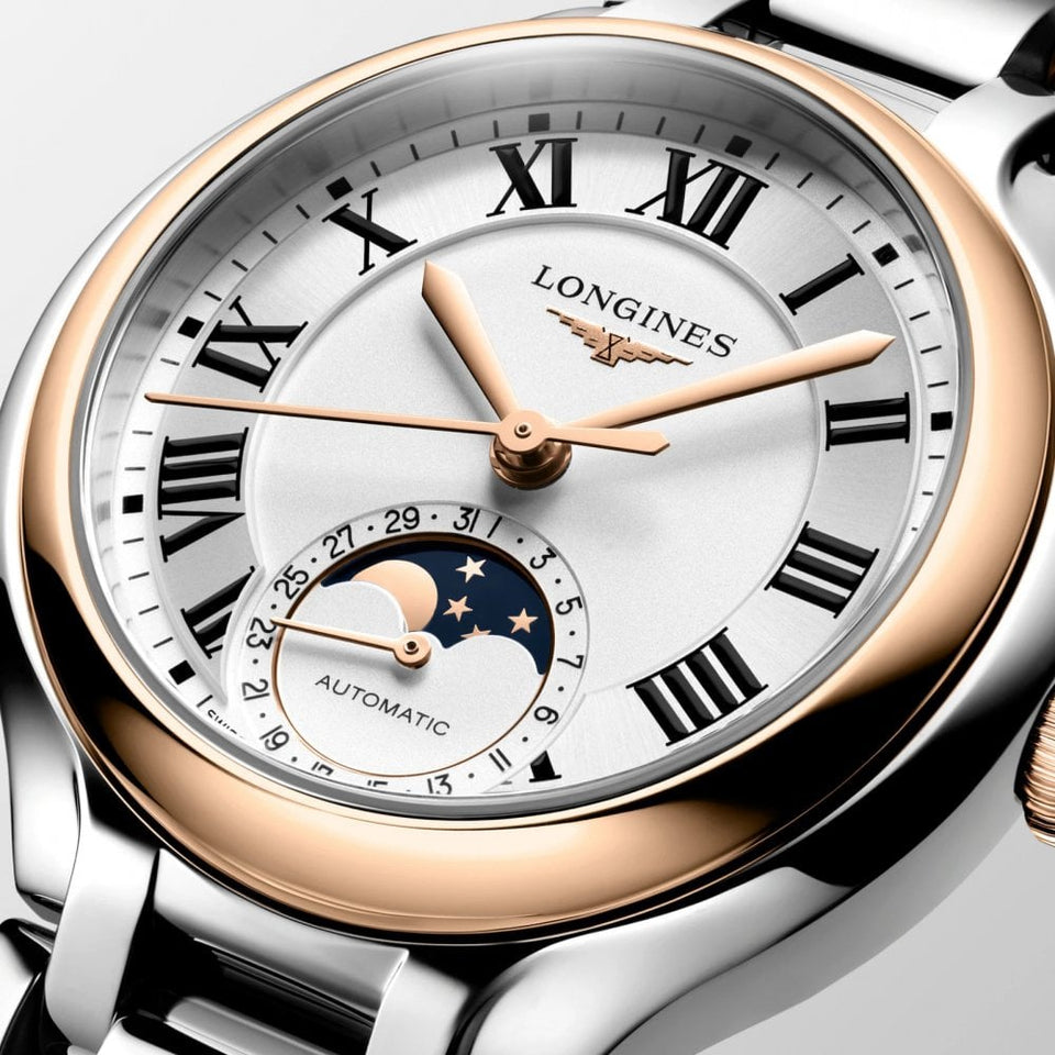 Longines Ladies PRIMALUNA Moonphase Rose Detail Automatic Watch