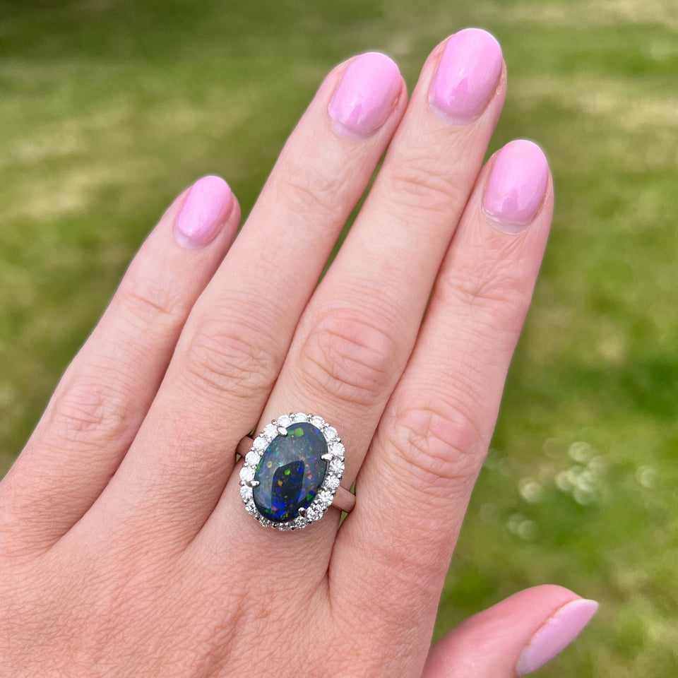 Francis & Gaye 18ct White Gold Black Opal and Diamond Cluster Ring