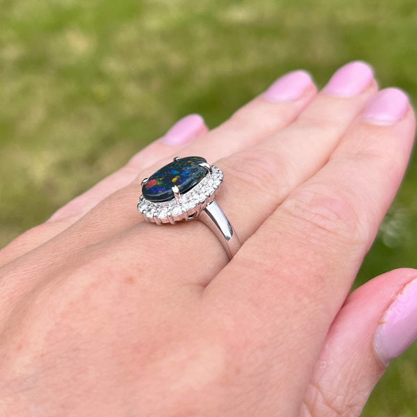 Francis & Gaye 18ct White Gold Black Opal and Diamond Cluster Ring