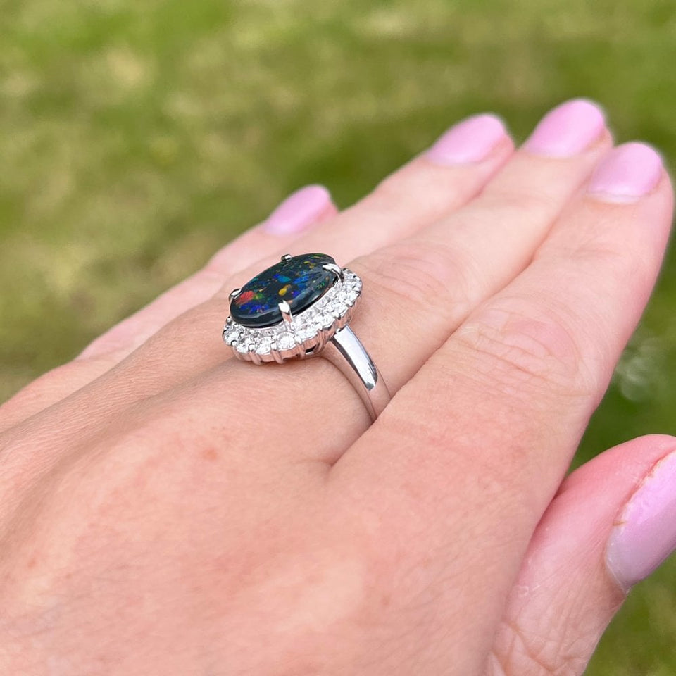 Francis & Gaye 18ct White Gold Black Opal and Diamond Cluster Ring