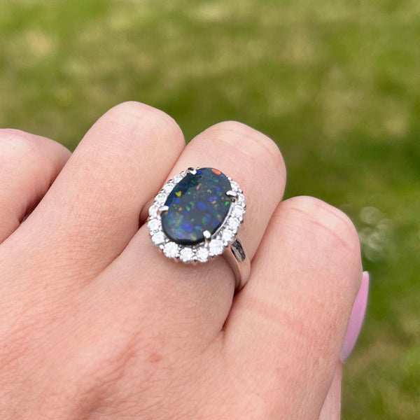 Francis & Gaye 18ct White Gold Black Opal and Diamond Cluster Ring