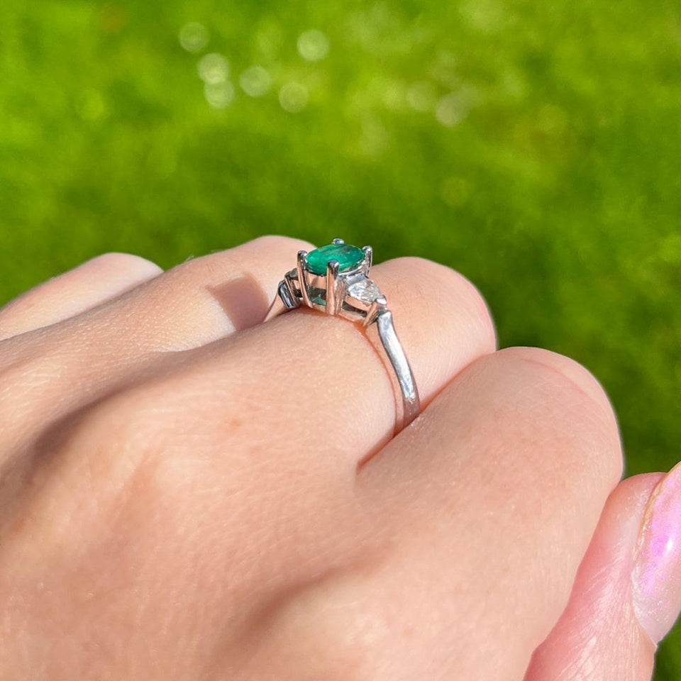 Francis & Gaye 18ct White Gold Three Stone Emerald & 0.22ct Diamond Ring
