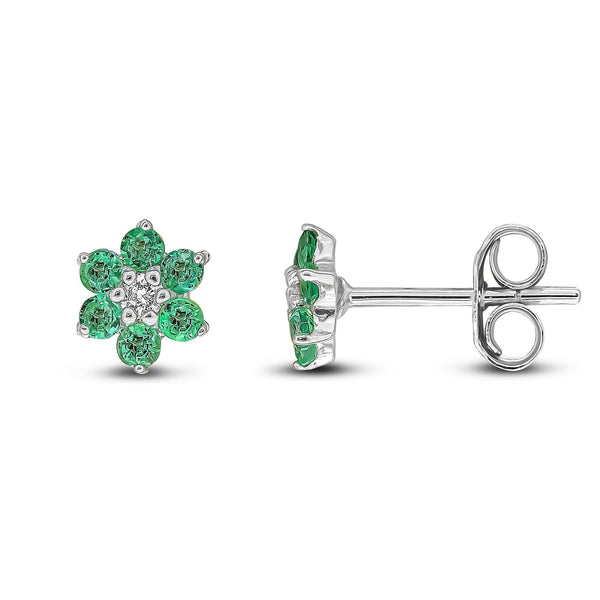 Francis & Gaye 9ct White Gold Emerald & Diamond Flower Earrings