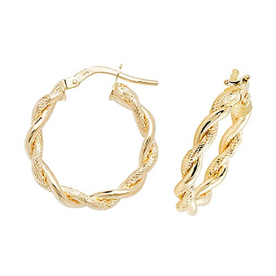 Francis & Gaye 9ct Yellow Gold Diamond Cut Twist Hoop Earrings