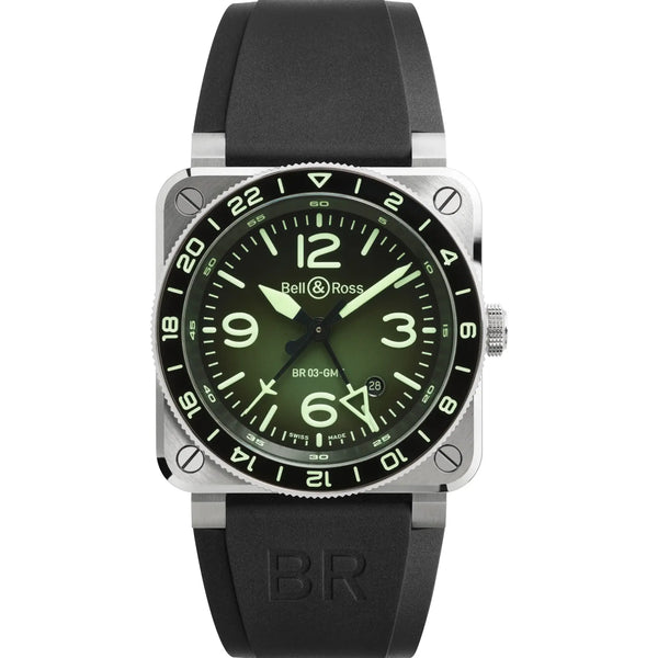 Bell & Ross BR-03 GMT GREEN LUM Black Rubber Strap Watch